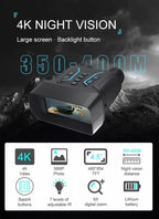 4K night Optinexo Night Vision Binoculars with screen displaying a night scene, mountain background, and feature highlights.