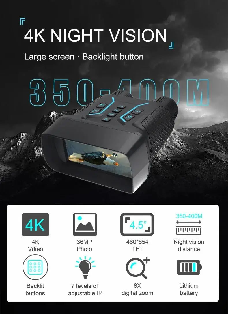 4K night Optinexo Night Vision Binoculars with screen displaying a night scene, mountain background, and feature highlights.