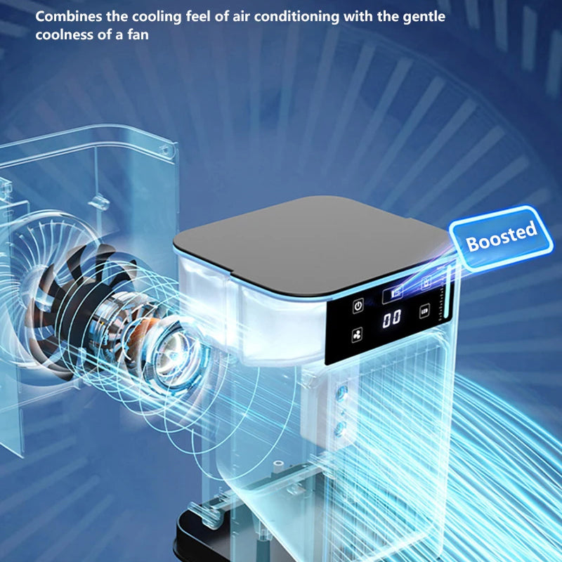 A smart air cooler or AeroxChill Windowless Portable AC device with a digital display screen, shown with a transparent exploded view illustrating airflow and cooling. The image features a blue and white futuristic background with text overlays describing its cooling features and a 'Boosted' badge.