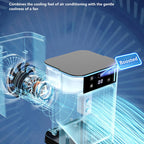 A smart air cooler or AeroxChill Windowless Portable AC device with a digital display screen, shown with a transparent exploded view illustrating airflow and cooling. The image features a blue and white futuristic background with text overlays describing its cooling features and a 'Boosted' badge.