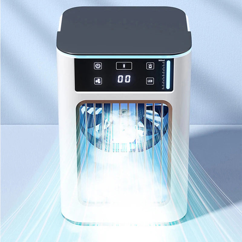 A compact white and black AeroxChill Windowless Portable AC or air cleaner with a digital control panel on top, shown against a light blue background with stylized airflow lines.