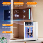A portable waterless humidifier and diffuser shown on a tabletop in a room setting, with callout lines and labels explaining buttons and lighting features. The device is white with a black control panel and glowing blue LED accents.