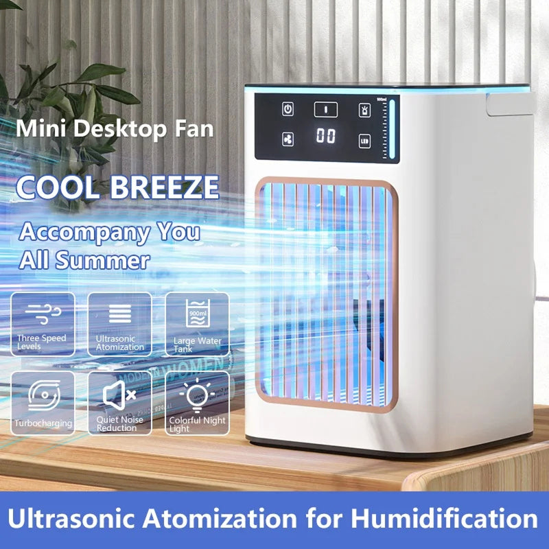 A compact mini desktop AeroxChill Windowless Portable AC with a digital control panel and blue LED light accents, shown on a wooden table with promotional text overlays highlighting cooling and humidification features.