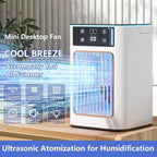 A compact mini desktop AeroxChill Windowless Portable AC with a digital control panel and blue LED light accents, shown on a wooden table with promotional text overlays highlighting cooling and humidification features.