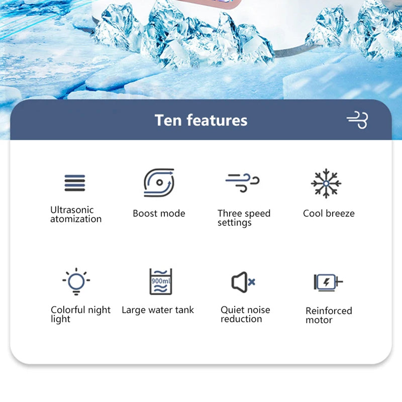A promotional graphic with the heading 'Ten features' over an icy mountain background. Below, feature icons and labels are shown, including ultrasonic atomization, boost mode, three speed settings, cool breeze, colorful night light, large water tank, quiet noise reduction, and reinforced motor.