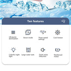 A promotional graphic with the heading 'Ten features' over an icy mountain background. Below, feature icons and labels are shown, including ultrasonic atomization, boost mode, three speed settings, cool breeze, colorful night light, large water tank, quiet noise reduction, and reinforced motor.