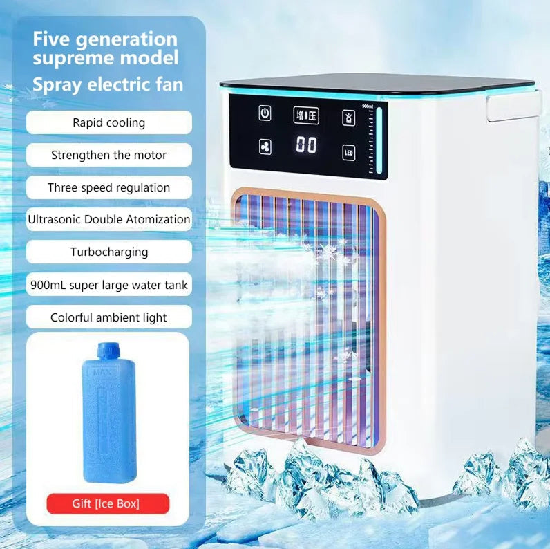 White AeroxChill Windowless Portable AC with a digital control panel and colorful light window, shown with ice graphics and text highlighting features like rapid cooling and 900mL water tank.