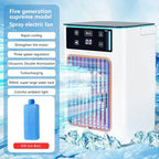 White AeroxChill Windowless Portable AC with a digital control panel and colorful light window, shown with ice graphics and text highlighting features like rapid cooling and 900mL water tank.