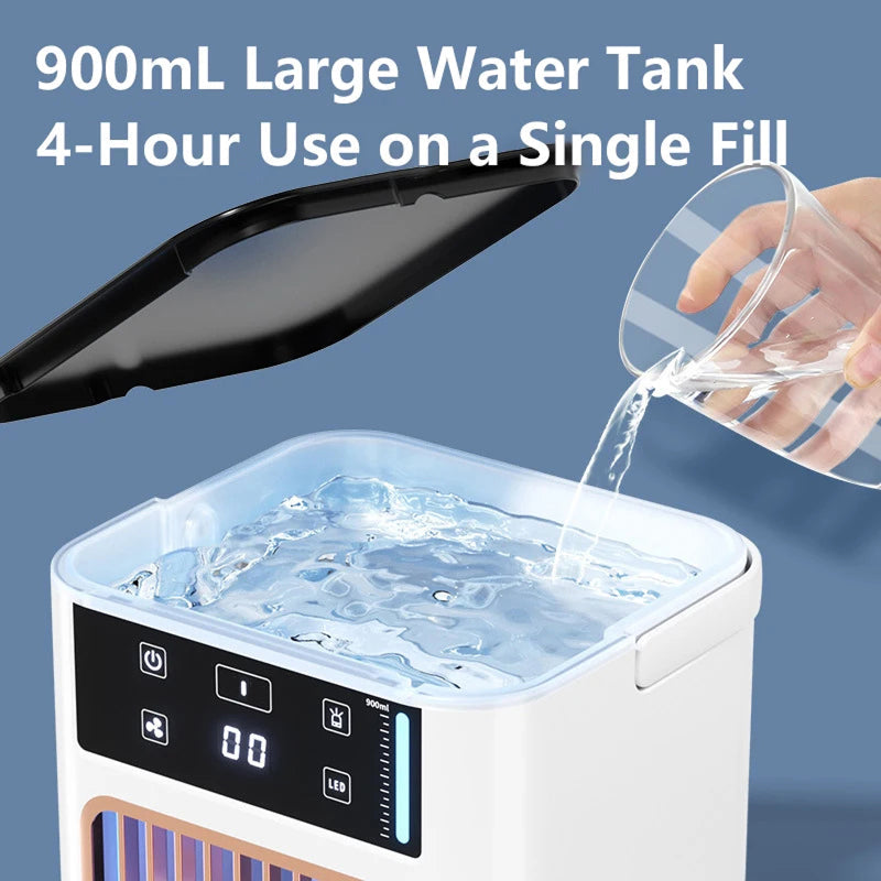 A white and black electric water heater or hot water dispenser with a large transparent water tank, shown with a hand pouring water from a clear cup into the tank. White text at the top reads '900mL Large Water Tank 4-Hour Use on a Single Fill'.