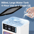 A white and black electric water heater or hot water dispenser with a large transparent water tank, shown with a hand pouring water from a clear cup into the tank. White text at the top reads '900mL Large Water Tank 4-Hour Use on a Single Fill'.