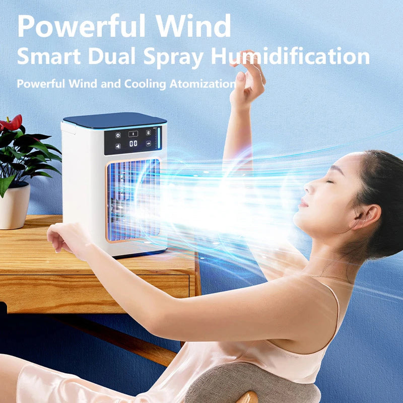 Woman using a smart dual spray humidifier with text 'Powerful Wind Smart Dual Spray Humidification' on a blue background.