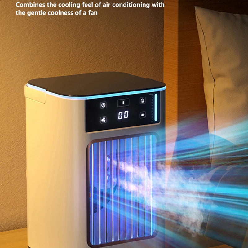 A AeroxChill Windowless Portable AC shown on a bedside table next to a bed, with blue airflow graphics and text describing its cooling function.