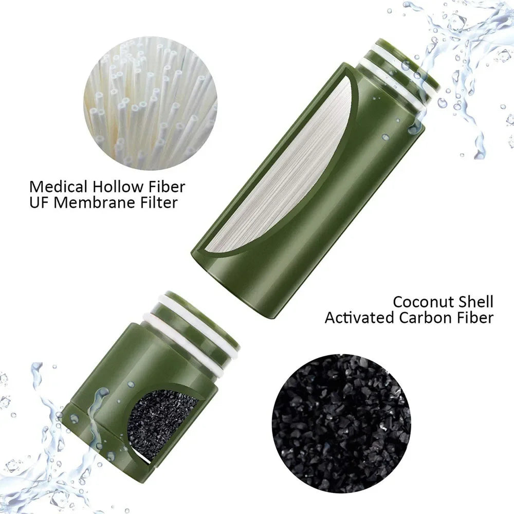 Green AquaVimex Portable Water Purifier with medical hollow fiber UF membrane filter and coconut shell activated carbon fiber, surrounded by water droplets.