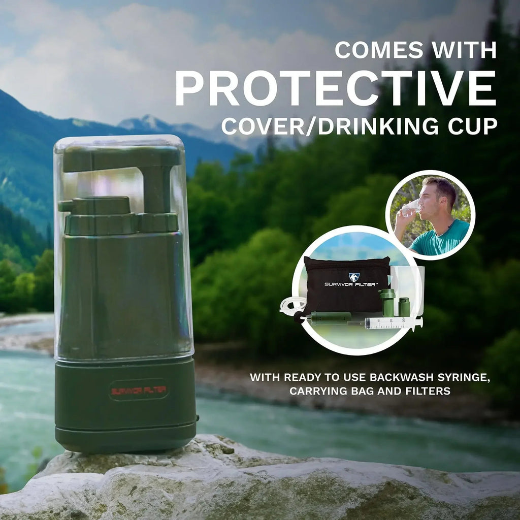 An outdoor camping water filter pitcher in olive green and clear plastic stands on a rock with a mountain river in the background. Text overlays describe included accessories: a protective cover/drinking cup, a ready-to-use backwash syringe, and a carrying bag.