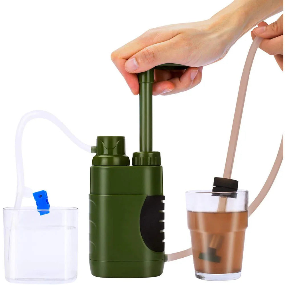 Hand using a green water filter pump with a glass of water and another glass on a white background