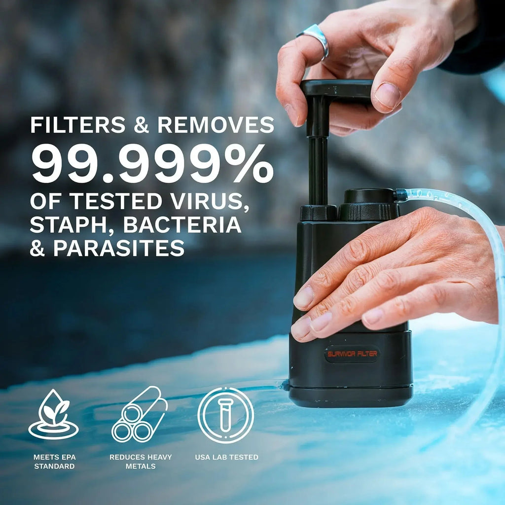 Person using a AquaVimex Portable Water Purifier device with text highlighting its effectiveness against viruses, staph, bacteria, and parasites.