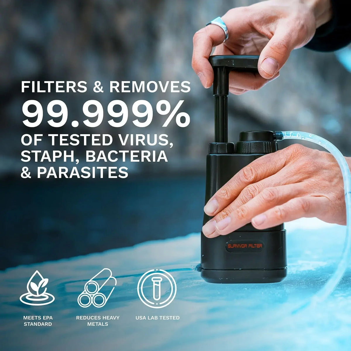 Person using a AquaVimex Portable Water Purifier device with text highlighting its effectiveness against viruses, staph, bacteria, and parasites.