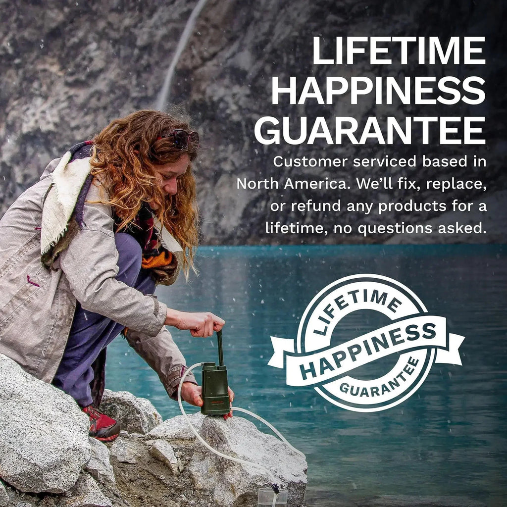 Person by a lake using a device with 'Lifetime Happiness Guarantee' text and logo.