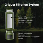 Green AquaVimex Portable Water Purifier with text detailing its features against a forest background