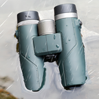 Pair of green AuraLink Binoculars on a textured white background