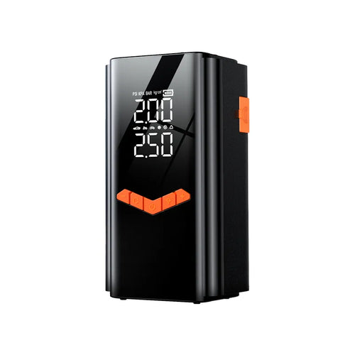 Black Auralink 2 in 1 Tyre Inflator Jump Starter with digital display on a white background