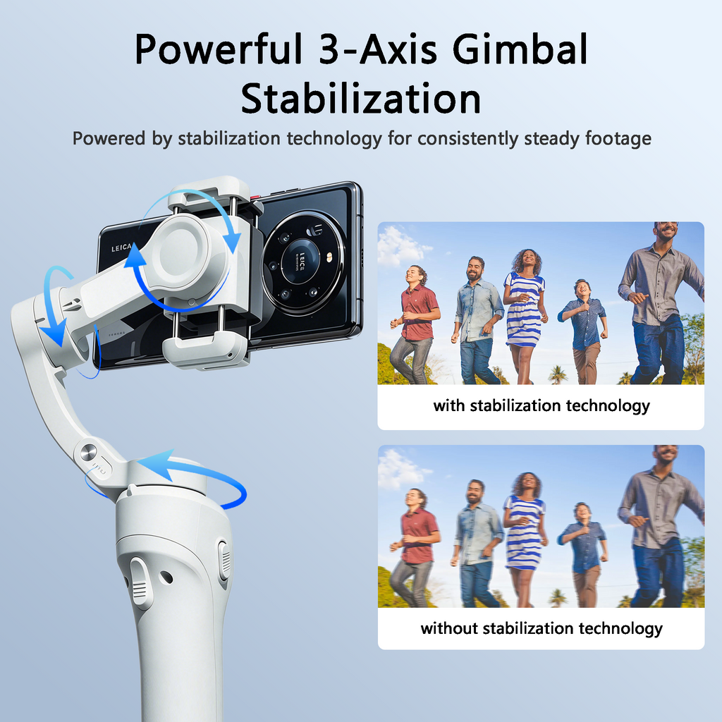 A white Auralink Bytech Gimbal with a smartphone mounted on it, shown on a light blue gradient background with marketing text about 3-axis stabilization and two inset photos demonstrating smoother footage with stabilization technology.