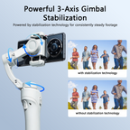 A white Auralink Bytech Gimbal with a smartphone mounted on it, shown on a light blue gradient background with marketing text about 3-axis stabilization and two inset photos demonstrating smoother footage with stabilization technology.