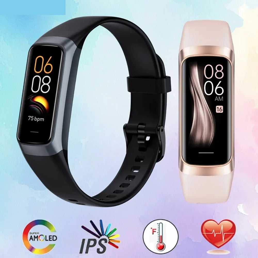 Two AurenZiax Fitness Band Tracker, one black and one rose gold, on a colorful background with icons indicating features like AMOLED display and heart rate monitoring.