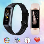 Two AurenZiax Fitness Band Tracker, one black and one rose gold, on a colorful background with icons indicating features like AMOLED display and heart rate monitoring.