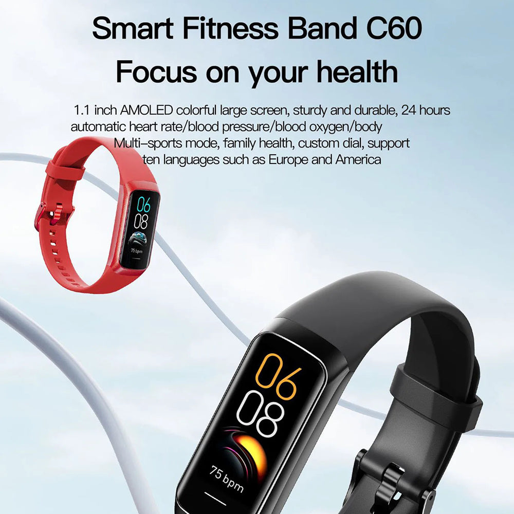 AurenZiax Fitness Band Tracker C60 with text on a light blue background