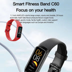 AurenZiax Fitness Band Tracker C60 with text on a light blue background