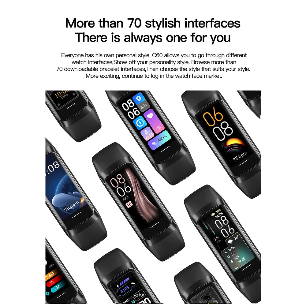 AurenZiax Fitness Band Tracker with various display interfaces on a white background