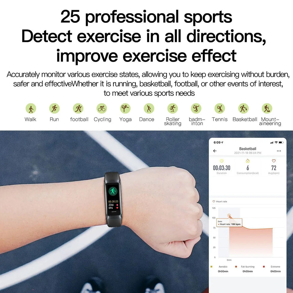 AurenZiax Fitness Band Tracker on a wrist with sports tracking app interface, displayed against a sports field background.