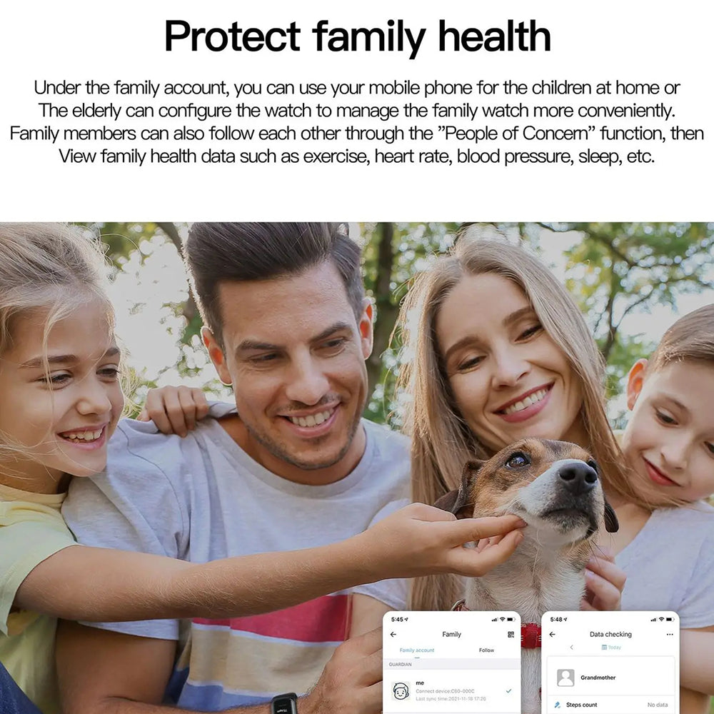 Family with a dog outdoors, with text about family health monitoring on a smartphone.