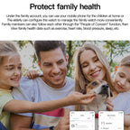 Family with a dog outdoors, with text about family health monitoring on a smartphone.