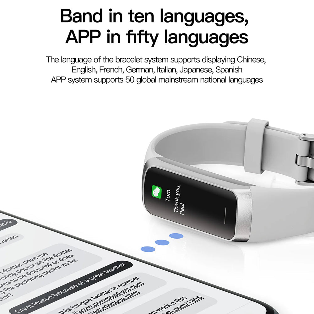 AurenZiax Fitness Band Tracker with a white band on a white background, displaying text about language support.