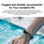 AurenZiax Fitness Band Tracker worn by a person in a swimming pool with text about its features.