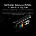 AurenZiax Fitness Band Tracker with display on a black background, text about watch features.