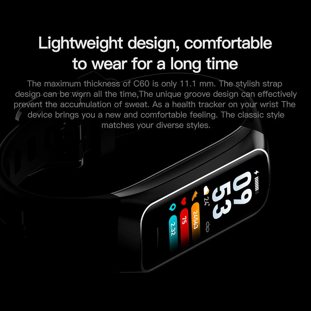 AurenZiax Fitness Band Tracker with display on a black background, text about watch features.
