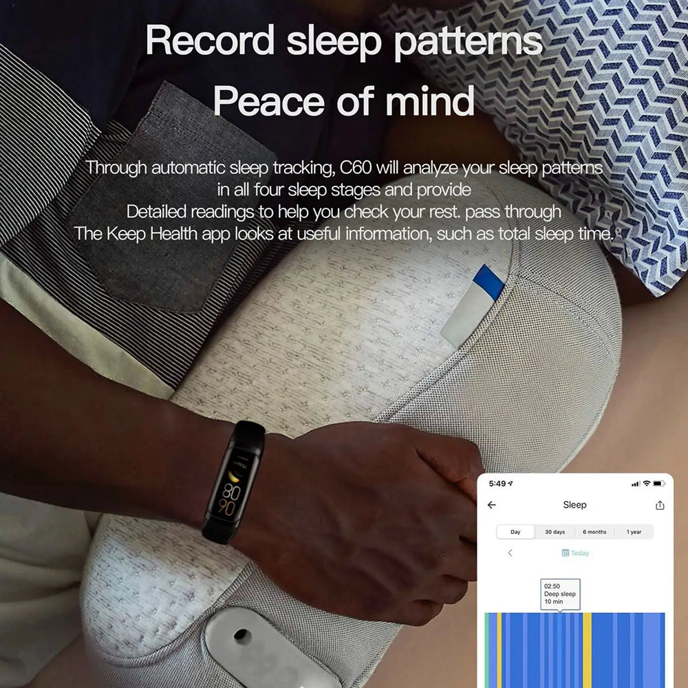 Person using a AurenZiax Fitness Band Tracker with sleep tracking app on a bed, emphasizing sleep pattern recording.