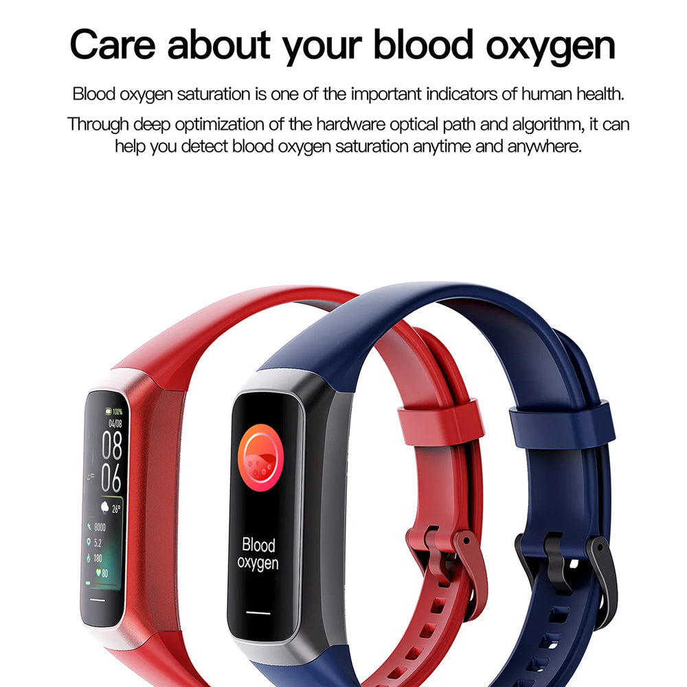 Two AurenZiax Fitness Band Tracker with red and blue bands on a white background, emphasizing blood oxygen monitoring.