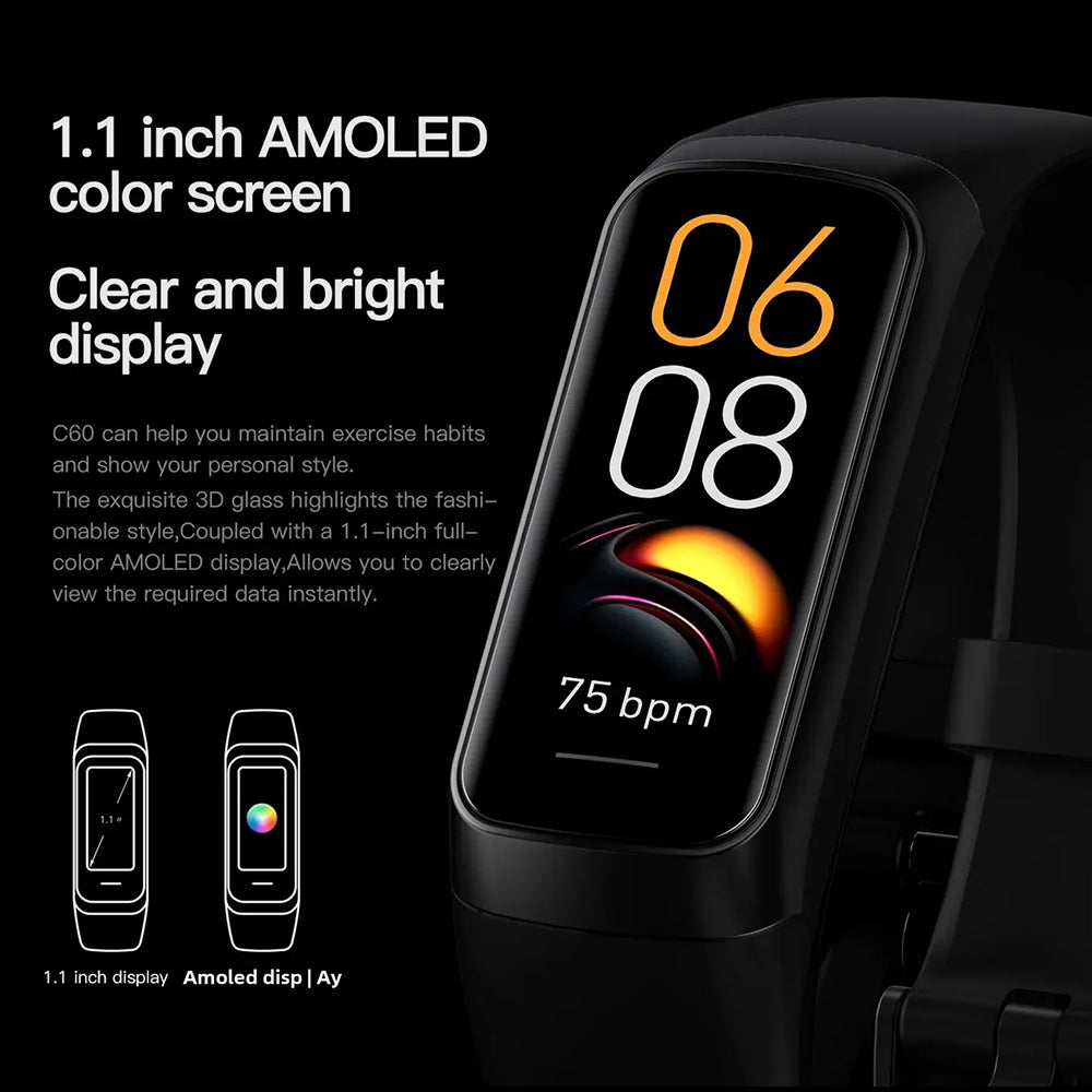AurenZiax Fitness Band Tracker with 1.1 inch AMOLED color screen on a black background