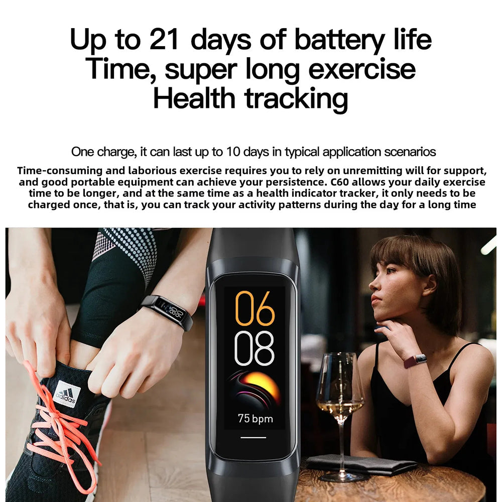AurenZiax Fitness Band Tracker with fitness tracking features and text about battery life and health tracking.