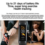 AurenZiax Fitness Band Tracker with fitness tracking features and text about battery life and health tracking.