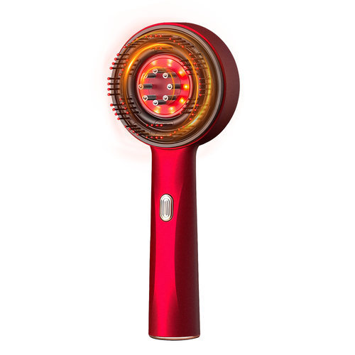 Red Avinora 3 in 1 Hair Growth Scalp Massager with a circular component on a white background