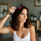 Woman using a Avinora 3 in 1 Hair Growth Scalp Massager on her hair in a home setting