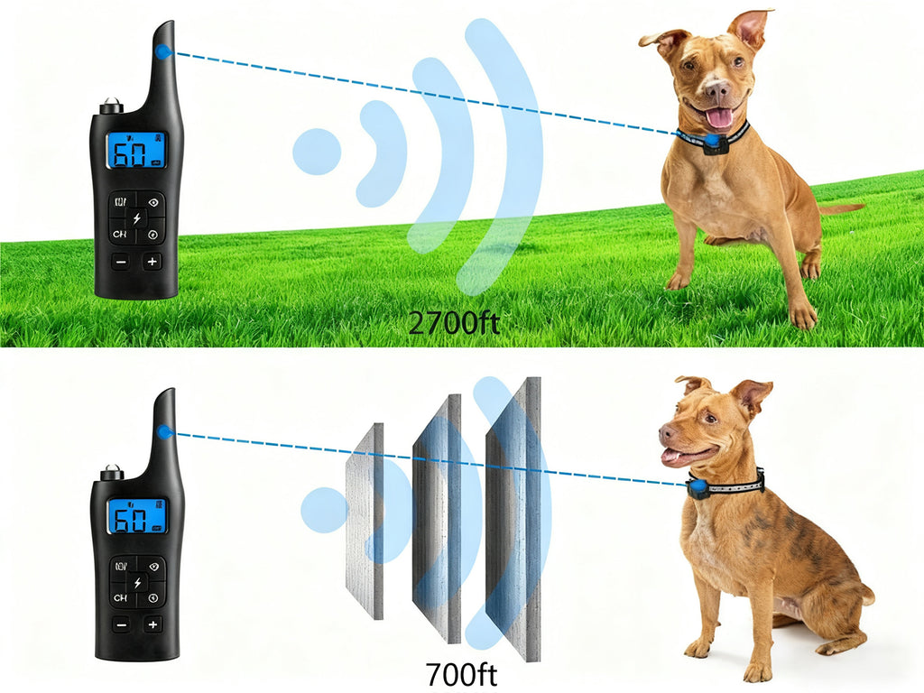 Avinora Dog Training Shock Collar with remote and distance measurement graphics on a grassy background