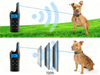 Avinora Dog Training Shock Collar with remote and distance measurement graphics on a grassy background