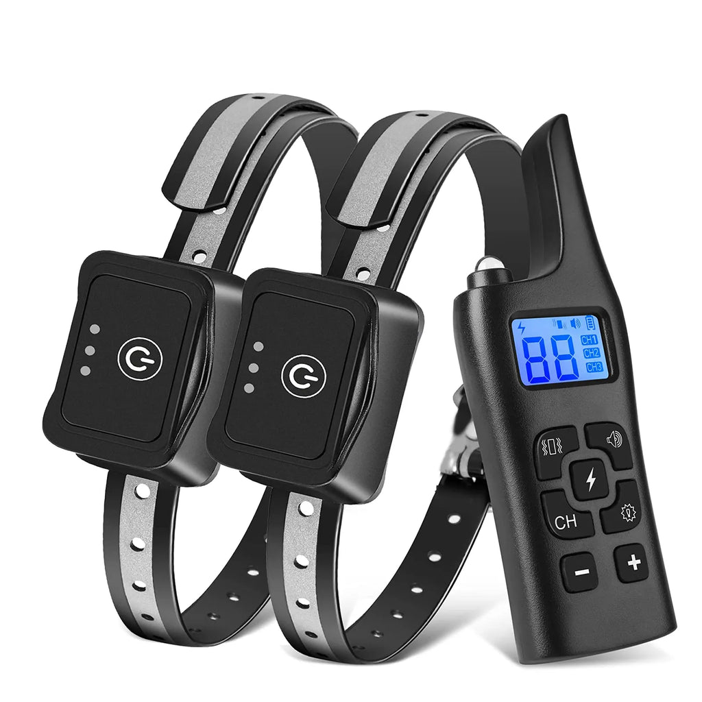 Two black Avinora Dog Training Shock Collar with electronic devices and a remote control on a white background