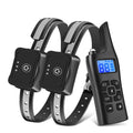 Two black Avinora Dog Training Shock Collar with electronic devices and a remote control on a white background